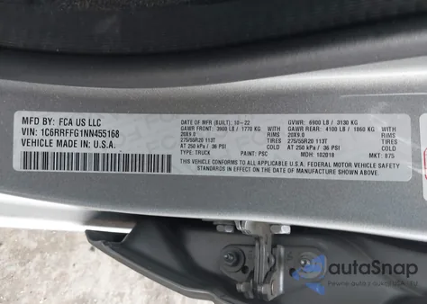 2022 Ram 1500 Big Horn 4X4 5'7 Box из США, поврежденный, VIN 1C6RRFFG1NN455168